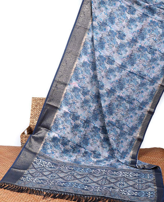Blue floral printed casual wear saree, contrast border & pallu of intricate designs