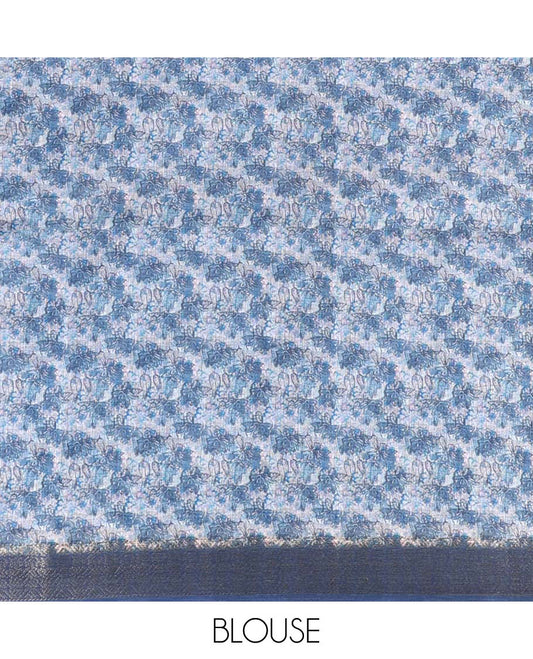 Blue floral printed casual wear saree, contrast border & pallu of intricate designs