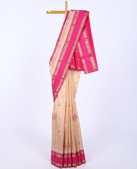 Sandal thread embroidered Bangalore silk saree, contrast vidarbha border of traditional designs & pallu of stripes