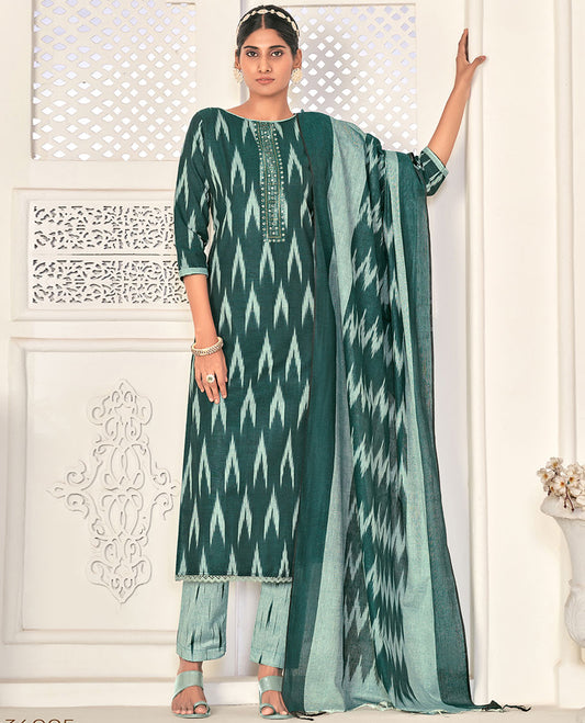 Green cotton material chudidhar set, ikkat buttas & neck embroidery top, contrast bottom & dupatta of ikkat designs