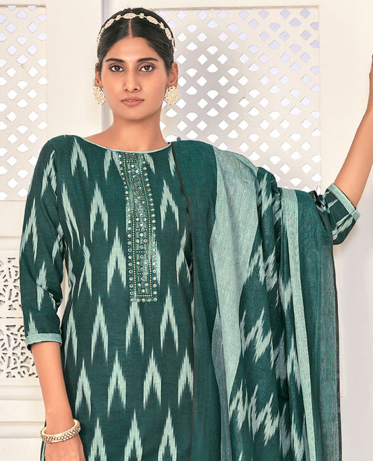 Green cotton material chudidhar set, ikkat buttas & neck embroidery top, contrast bottom & dupatta of ikkat designs