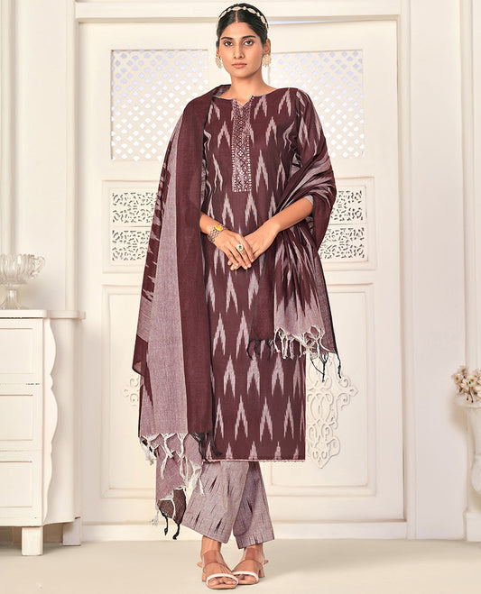 Brown cotton material chudidhar set, ikkat buttas & neck embroidery top, contrast bottom & dupatta of ikkat designs