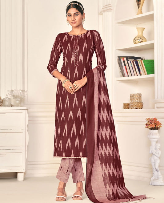 Maroon cotton material chudidhar set, ikkat buttas & neck embroidery top, contrast bottom & dupatta of ikkat designs