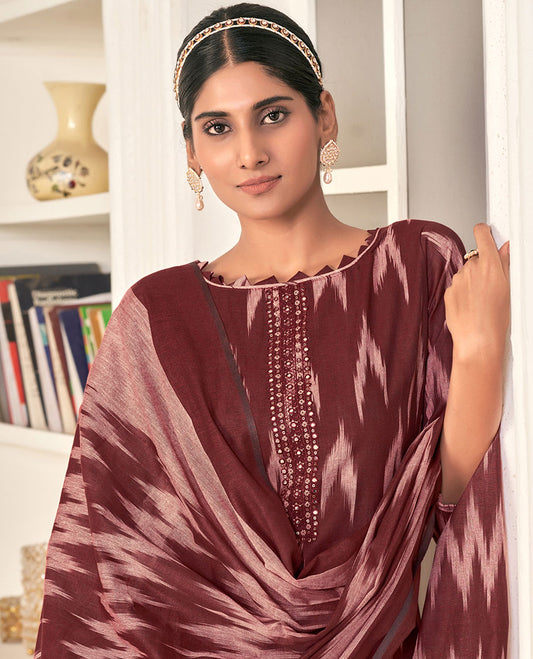 Maroon cotton material chudidhar set, ikkat buttas & neck embroidery top, contrast bottom & dupatta of ikkat designs