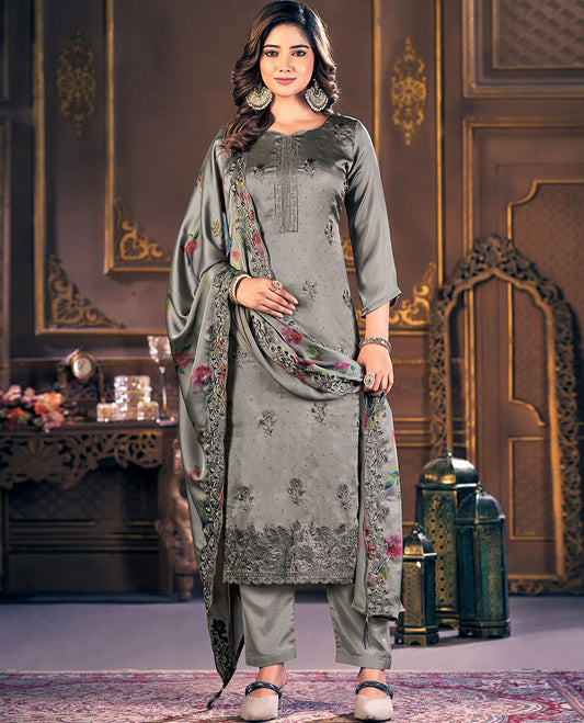 Grey material chudidhar set, thread embroidered & micro stone work santoon top & floral printed scallop chiffon dupatta