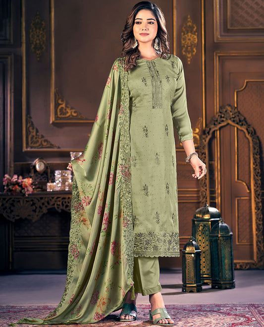 Green material chudidhar set, thread embroidered & micro stone work santoon top & floral printed scallop chiffon dupatta