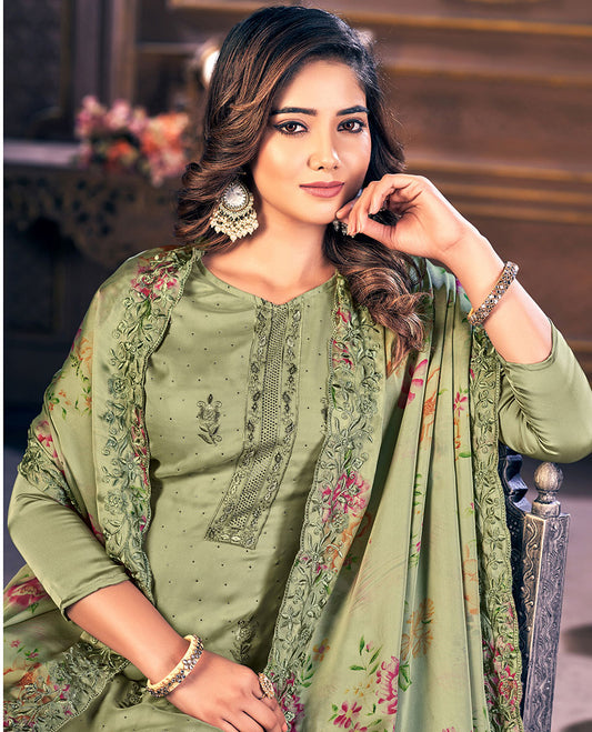 Green material chudidhar set, thread embroidered & micro stone work santoon top & floral printed scallop chiffon dupatta