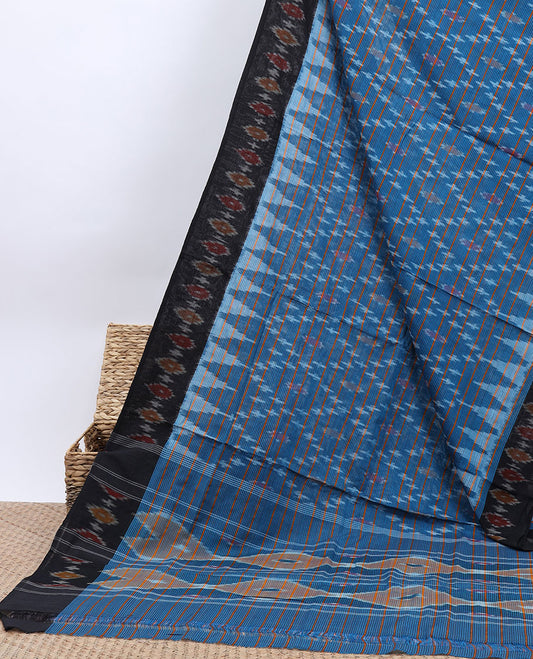 Blue argyle design & stripe ikkat cotton saree, contrast ikkat design border & pallu of unique designs