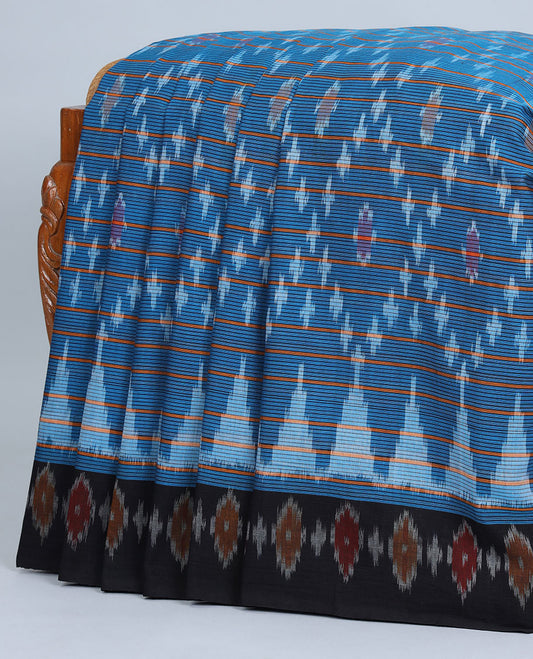 Blue argyle design & stripe ikkat cotton saree, contrast ikkat design border & pallu of unique designs