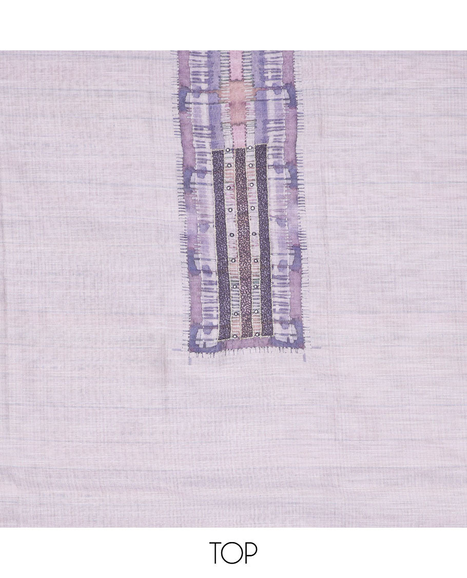 Pale pink material churidar set, neck embroidered tissue top, plain santoon bottom & abstract printed dupatta