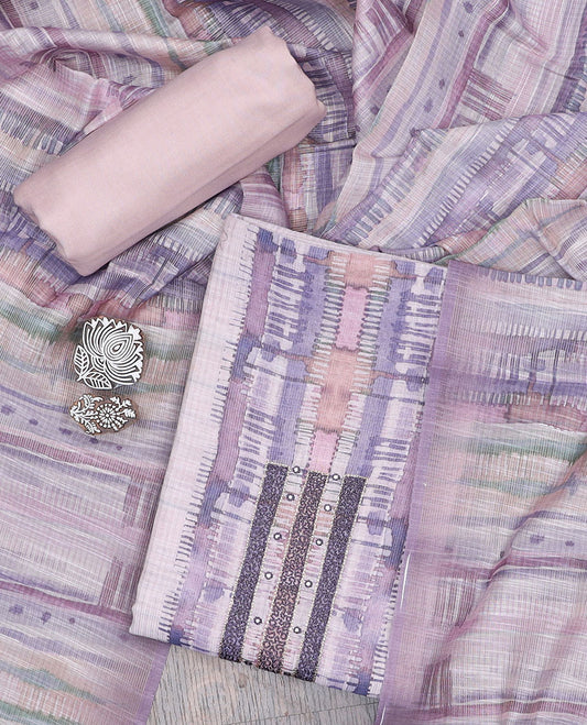 Pale pink material churidar set, neck embroidered tissue top, plain santoon bottom & abstract printed dupatta