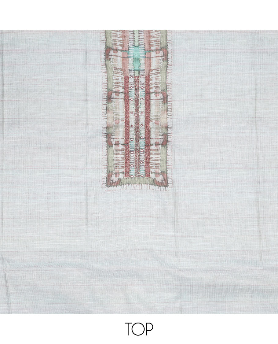 Green material churidar set, neck embroidered tissue top, plain santoon bottom & abstract printed dupatta