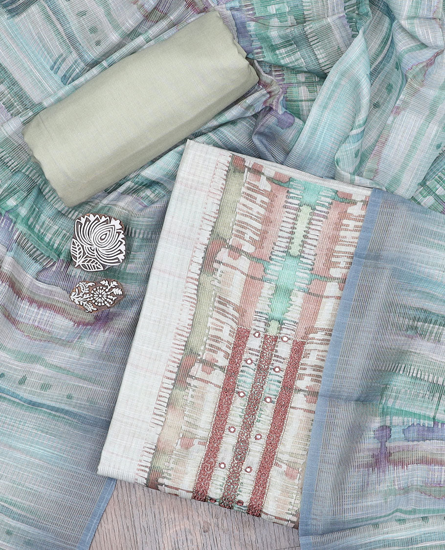 Green material churidar set, neck embroidered tissue top, plain santoon bottom & abstract printed dupatta