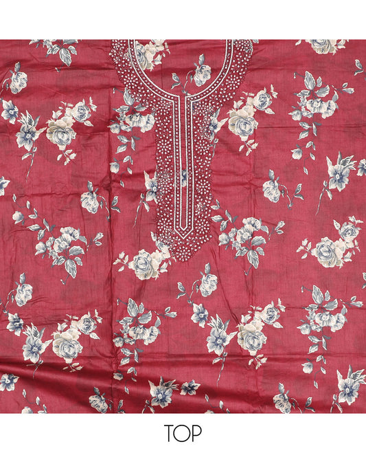 Red material churidar set, floral print & neck embroidery cotton top, plain bottom & embroidered dupatta