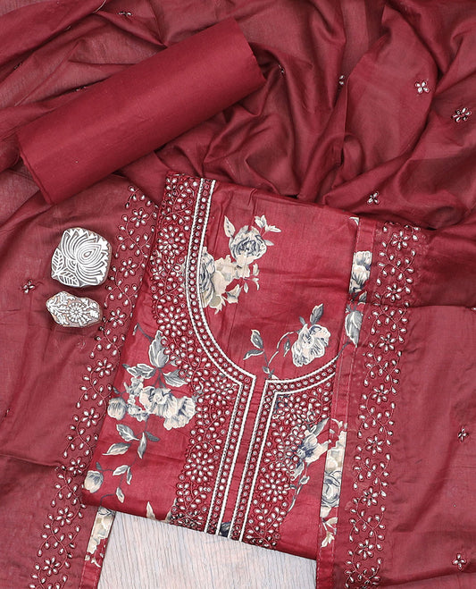 Red material churidar set, floral print & neck embroidery cotton top, plain bottom & embroidered dupatta