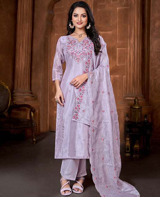 Lavender material churidar set, floral vine embroidery chanderi top, plain bottom & scallop embroidery chiffon dupatta