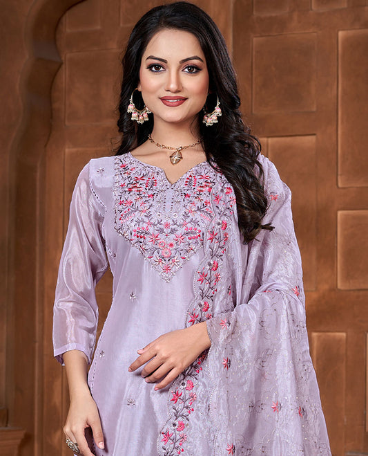 Lavender material churidar set, floral vine embroidery chanderi top, plain bottom & scallop embroidery chiffon dupatta