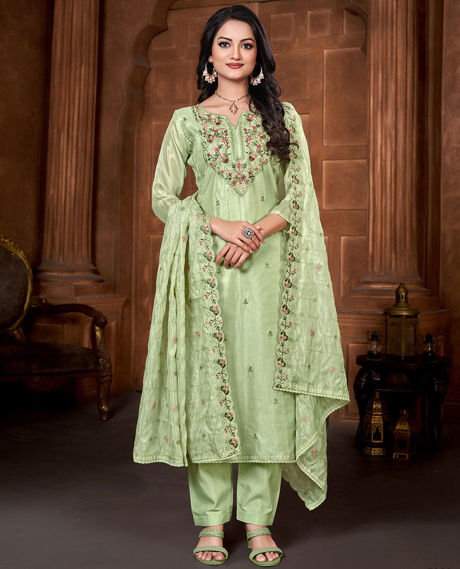 Green material churidar set, floral vine embroidery chanderi top, plain bottom & scallop embroidery chiffon dupatta