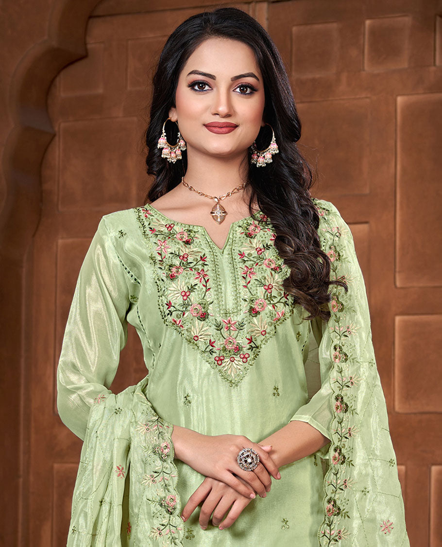Green material churidar set, floral vine embroidery chanderi top, plain bottom & scallop embroidery chiffon dupatta