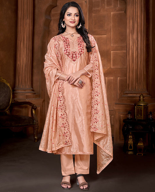 Orange material churidar set, floral vine embroidery chanderi top, plain bottom & scallop embroidery chiffon dupatta