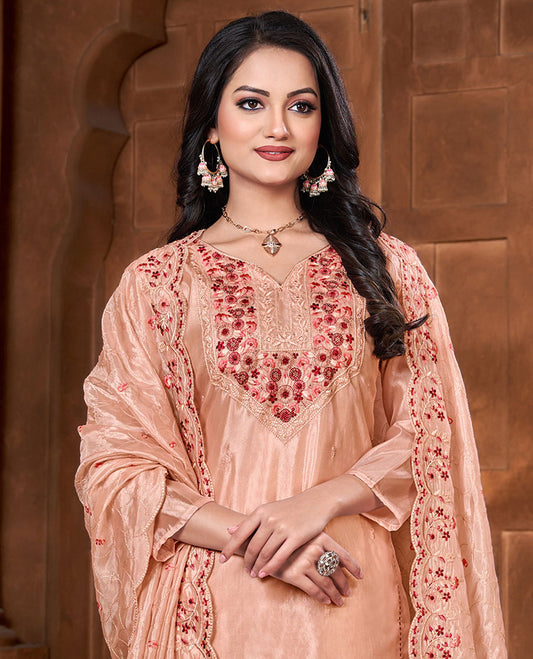 Orange material churidar set, floral vine embroidery chanderi top, plain bottom & scallop embroidery chiffon dupatta