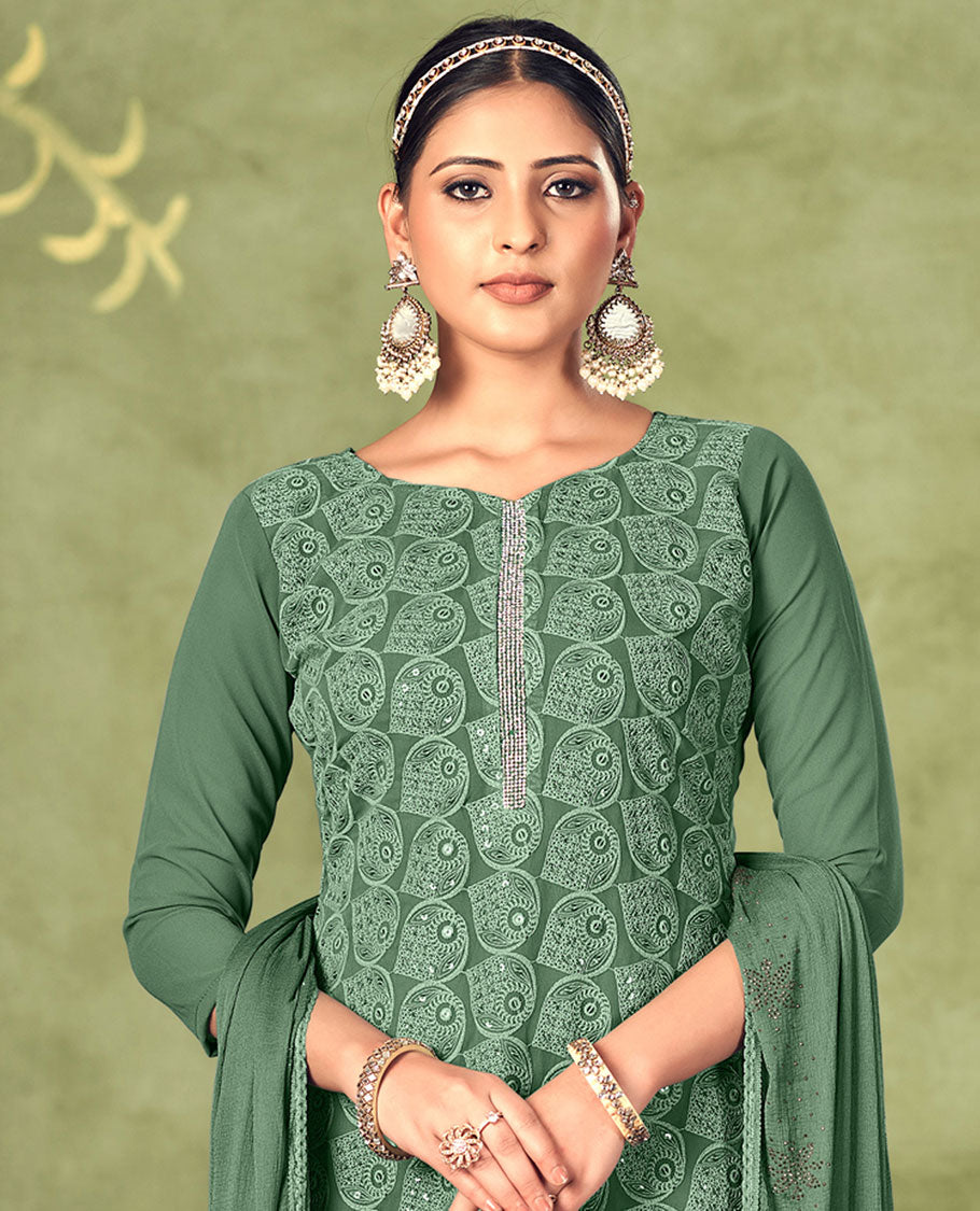 Green material churidar set, drop-shape motif sequins embroidered georgette top, plain bottom & micro stone work dupatta