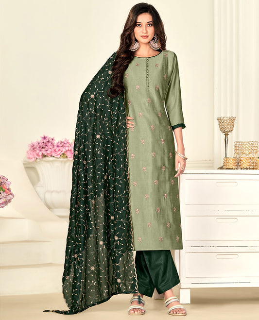 Green material churidar set,embroidery vichitra silk top,contrast plain bottom & floral vine embroidered scallop dupatta