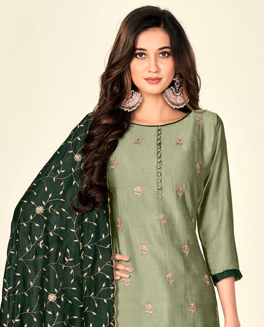 Green material churidar set,embroidery vichitra silk top,contrast plain bottom & floral vine embroidered scallop dupatta