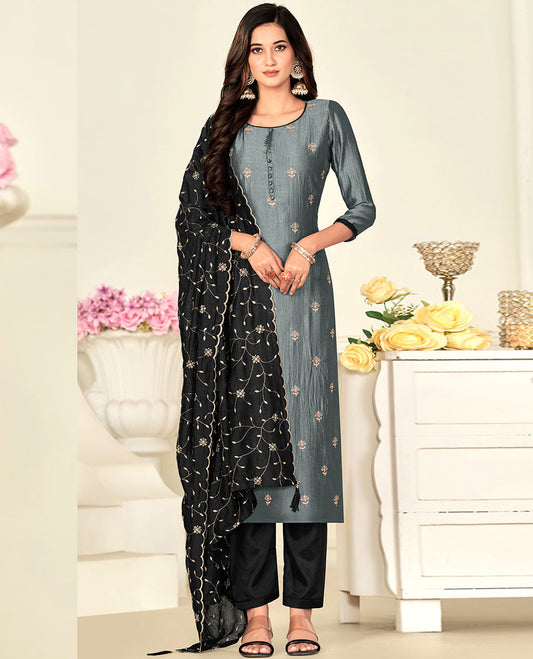 Grey material churidar set, embroidery vichitra silk top,contrast plain bottom & floral vine embroidered scallop dupatta