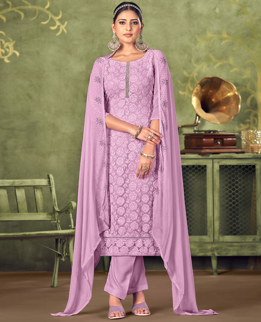 Pink material churidar set, floral design sequins embroidered georgette top, plain bottom & micro stone work dupatta