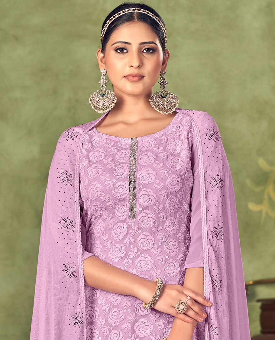 Pink material churidar set, floral design sequins embroidered georgette top, plain bottom & micro stone work dupatta
