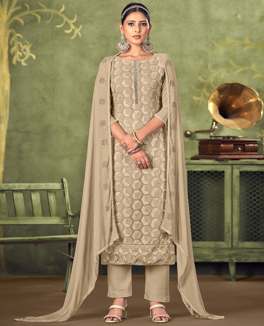 Beige material churidar set, floral design sequins embroidered georgette top, plain bottom & micro stone work dupatta
