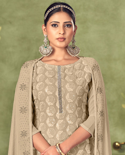 Beige material churidar set, floral design sequins embroidered georgette top, plain bottom & micro stone work dupatta