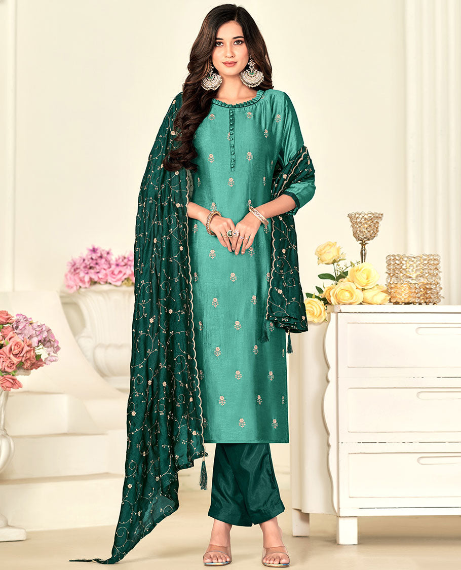 Green material churidar set,embroidery vichitra silk top,contrast plain bottom & floral vine embroidered scallop dupatta