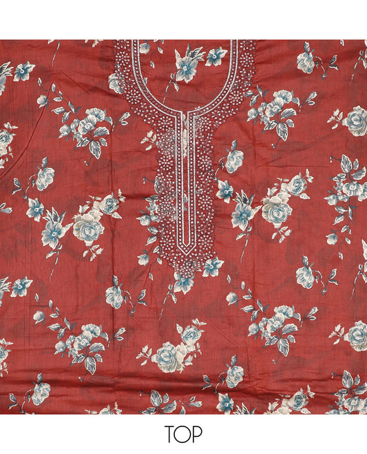 Orange material churidar set, floral print & neck embroidery cotton top, plain bottom & embroidered dupatta