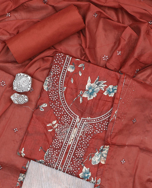 Orange material churidar set, floral print & neck embroidery cotton top, plain bottom & embroidered dupatta