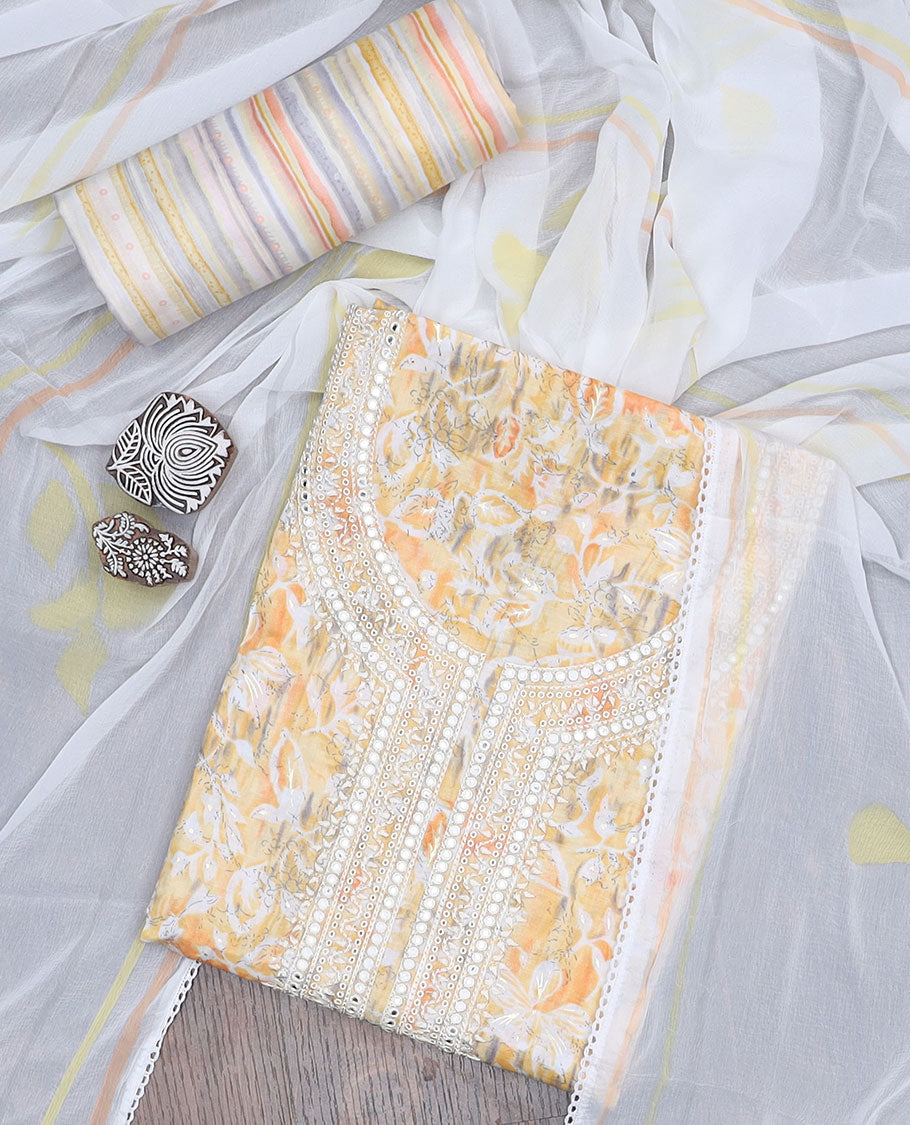 Orange material churidar set,floral print & neck embroidery cotton top,lehariya printed bottom & printed chiffon dupatta