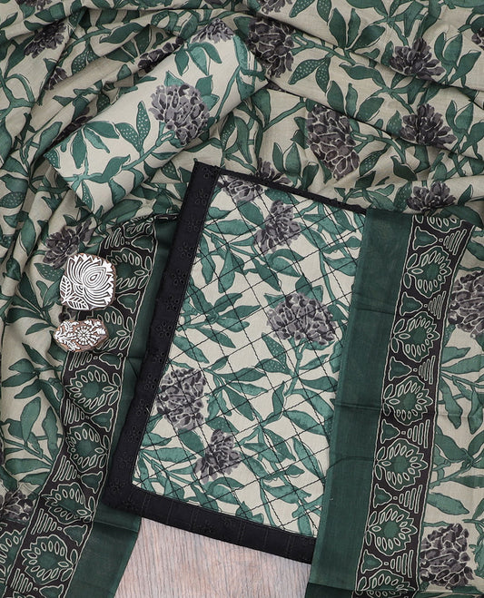 Black material churidar set, cutwork & neck patchwork cotton top, contrast cotton bottom & dupatta of floral vine print