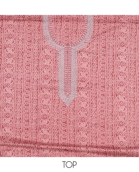 Pink material churidar set, bandhani print & embroidery cotton top, plain bottom & embroidered dupatta