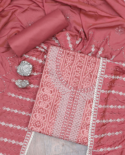 Pink material churidar set, bandhani print & embroidery cotton top, plain bottom & embroidered dupatta
