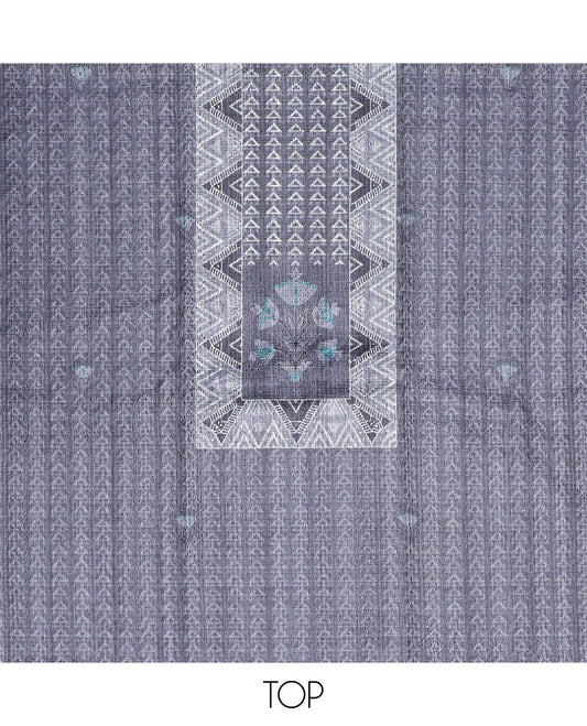 Grey material churidar set, triangle motifs tissue top, plain santoon bottom & triangle motifs printed dupatta 