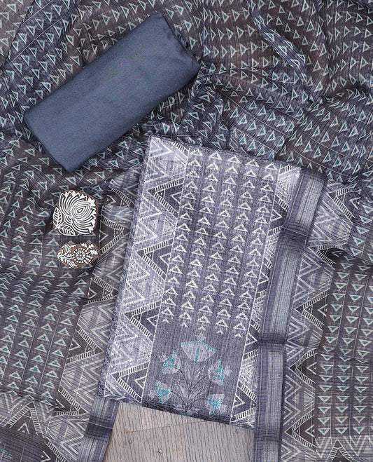Grey material churidar set, triangle motifs tissue top, plain santoon bottom & triangle motifs printed dupatta 