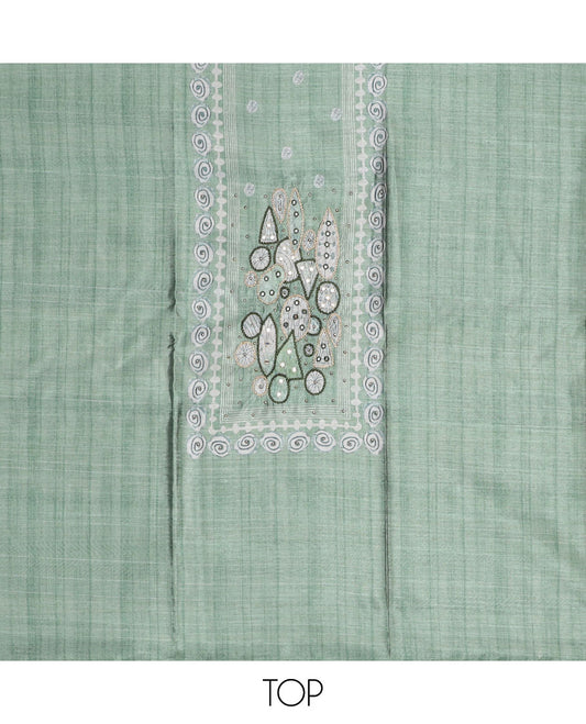 Green material churidar set, neck embroidery tissue top, plain santoon bottom & intricately printed tissue dupatta 