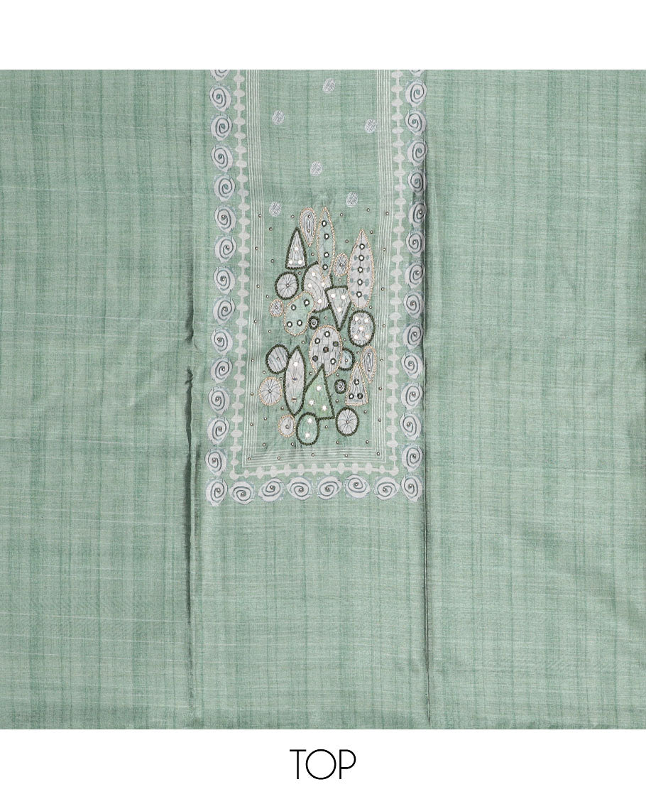Green material churidar set, neck embroidery tissue top, plain santoon bottom & intricately printed tissue dupatta 