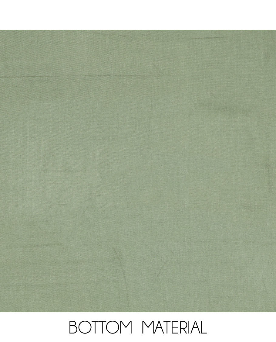 Green material churidar set, neck embroidery tissue top, plain santoon bottom & intricately printed tissue dupatta 