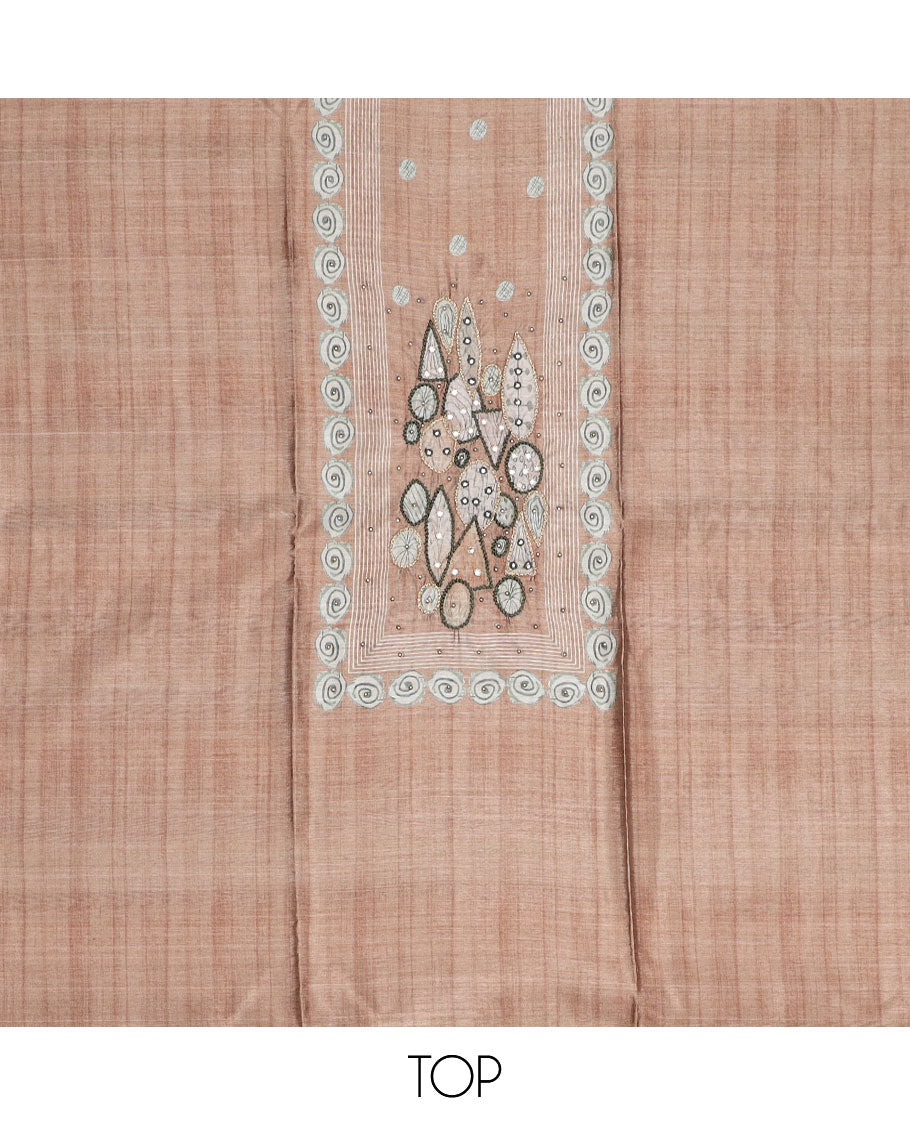 Brown material churidar set, neck embroidery tissue top, plain santoon bottom & intricately printed tissue dupatta 