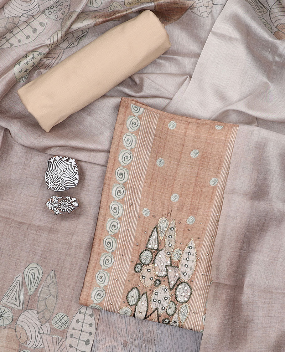 Brown material churidar set, neck embroidery tissue top, plain santoon bottom & intricately printed tissue dupatta 