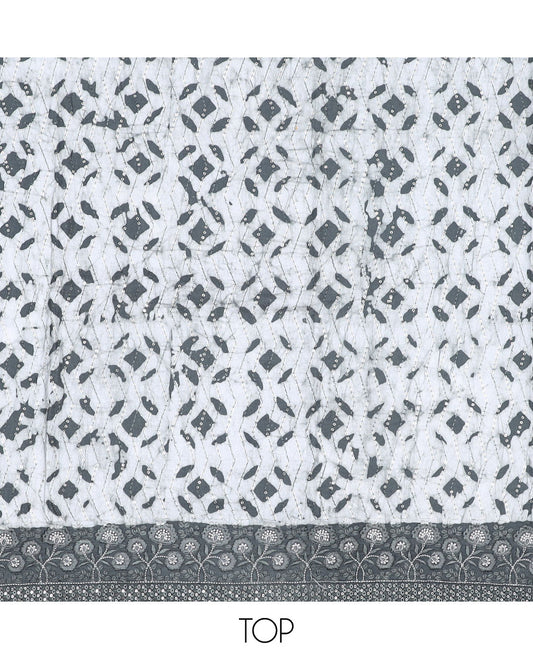 Grey material churidar, batik printed & sequins embroidery cotton top, contrast printed bottom & batik printed dupatta