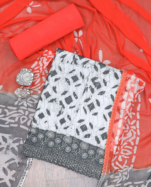 Grey material churidar, batik printed & sequins embroidery cotton top, contrast printed bottom & batik printed dupatta