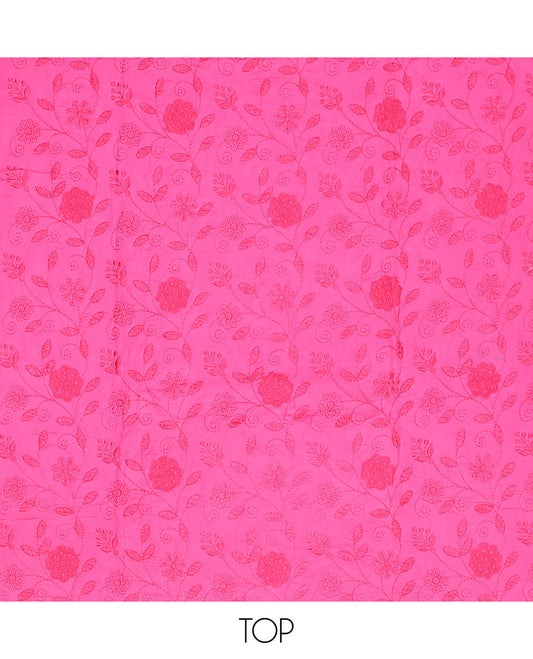 Pink material churidar,floral vine embroidery cotton top, batik-style floral vine printed bottom & batik printed dupatta